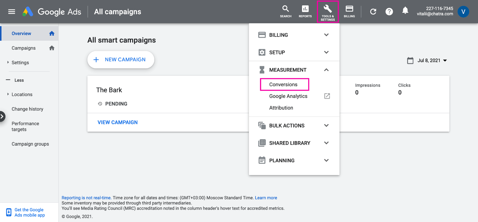 How to open “Conversions” section screenshot