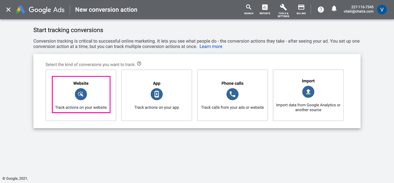 Conversion type in Google Ads screenshot