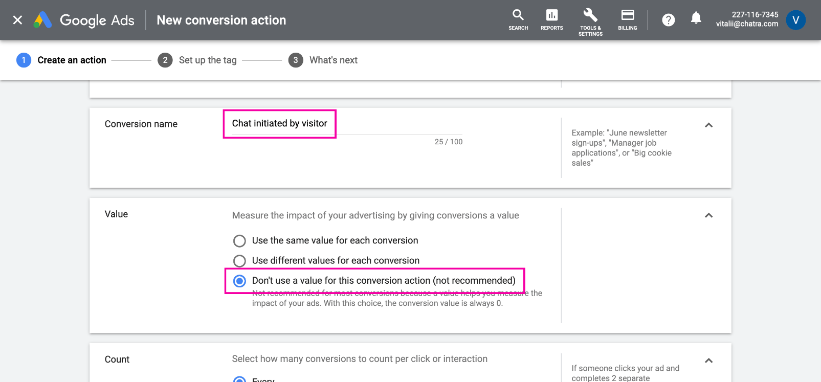 Create a conversion in Google Ads screenshot