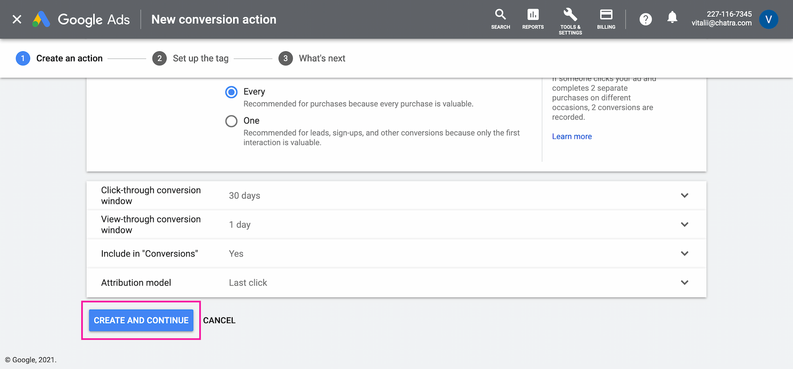 Create a conversion in Google Ads screenshot