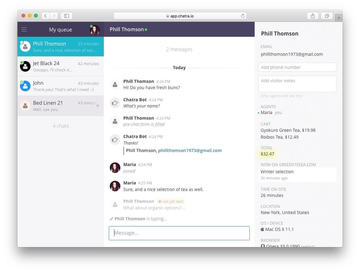 An example of a chat with a customer showing their cart contents