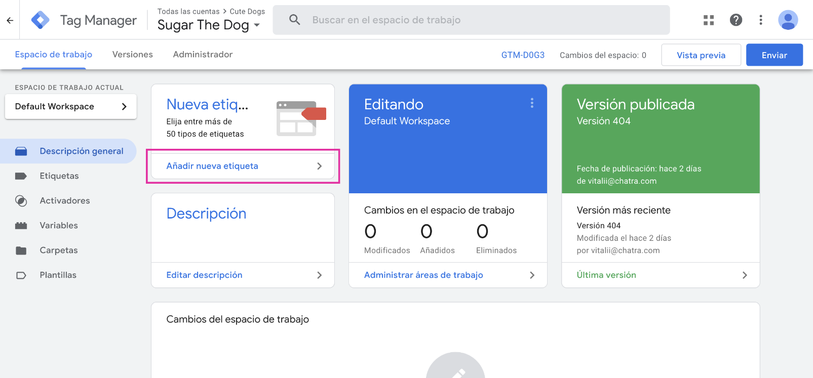 GTM dashboard screenshot: how to add a new tag