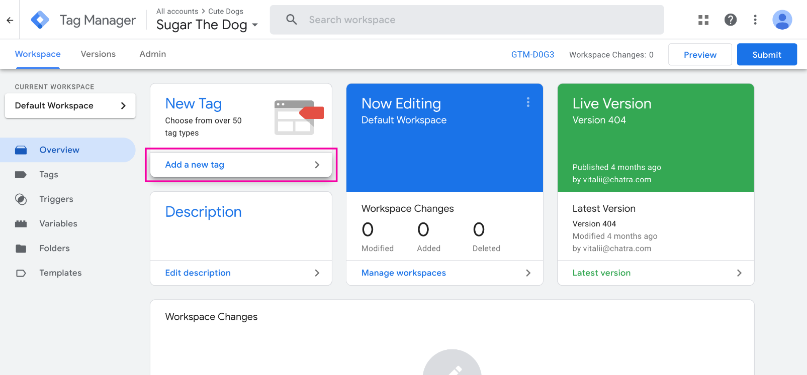 GTM dashboard screenshot: how to add a new tag