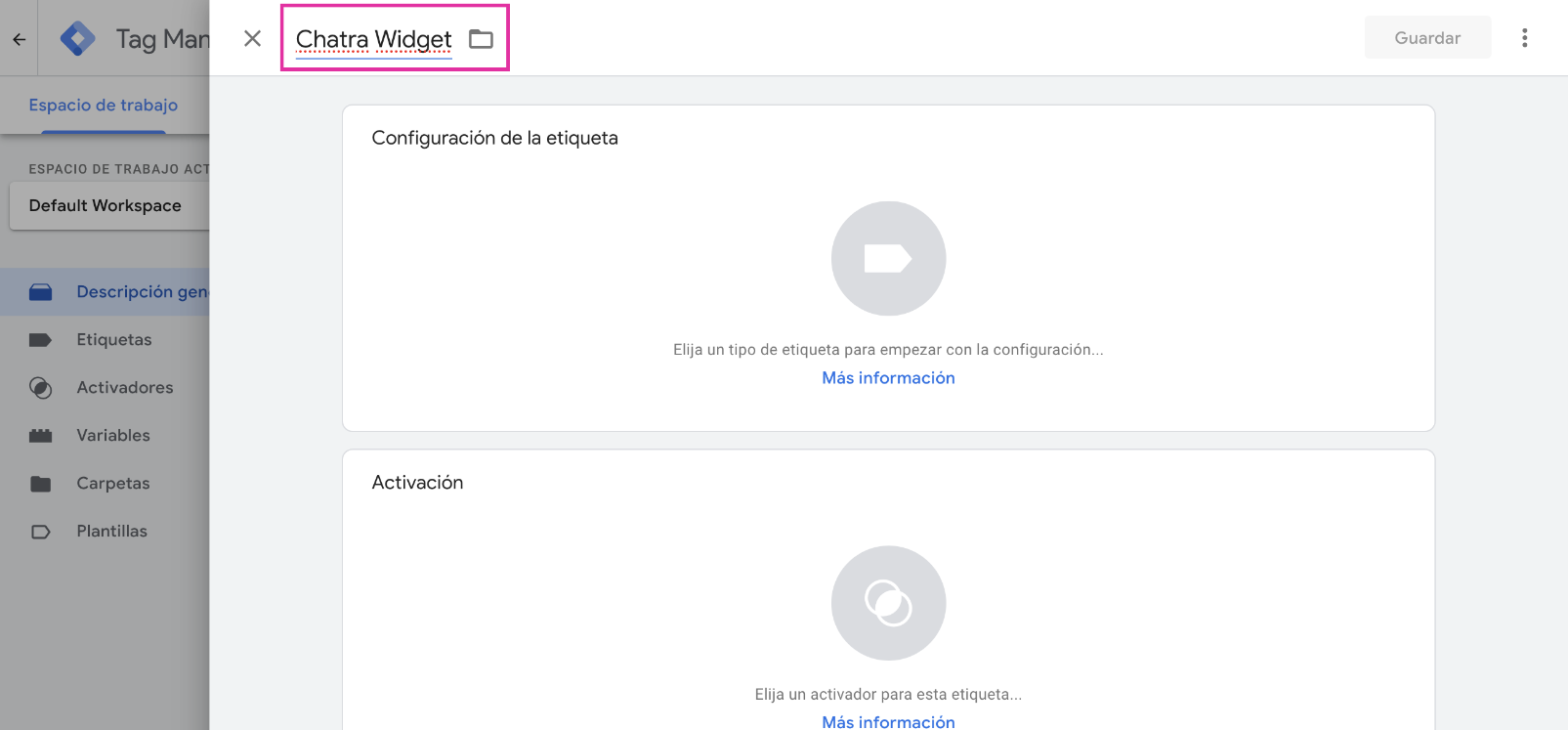 GTM dashboard screenshot: how set up the Chatra tag
