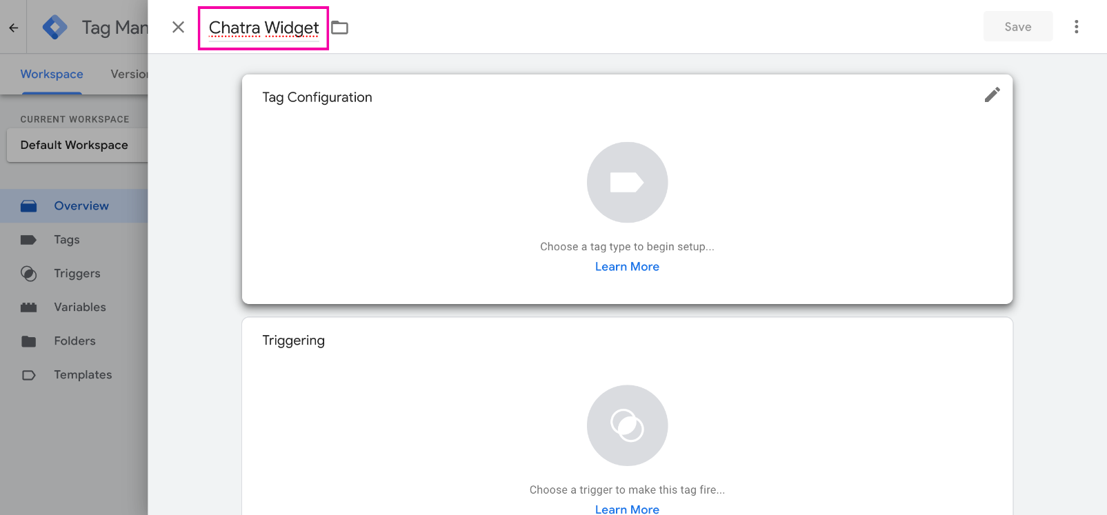GTM dashboard screenshot: how set up the Chatra tag