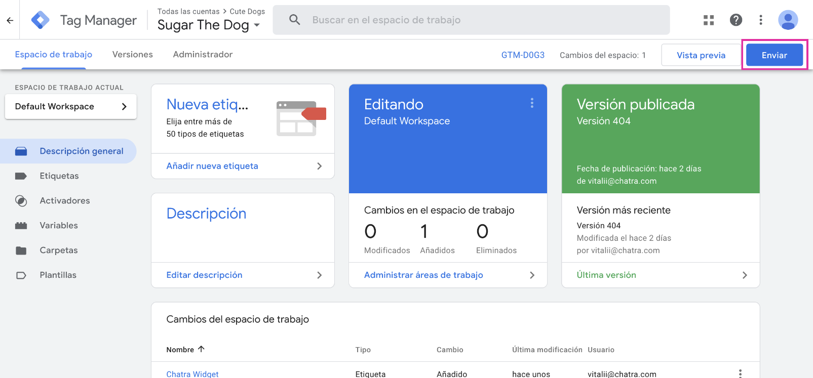 GTM dashboard screenshot: publishing of a new version