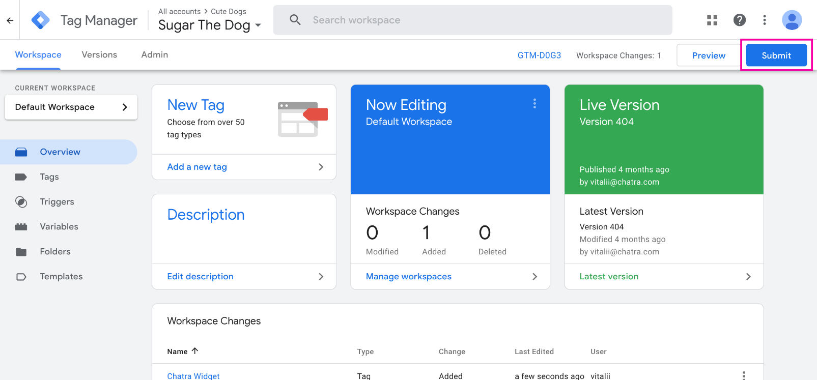 GTM dashboard screenshot: publishing of a new version