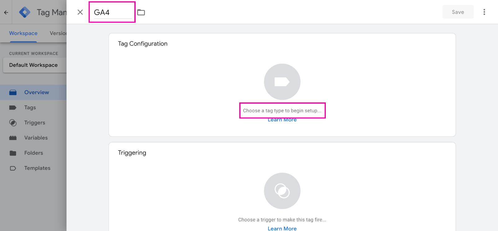 GTM dashboard screenshot: how to add a GA4 tag