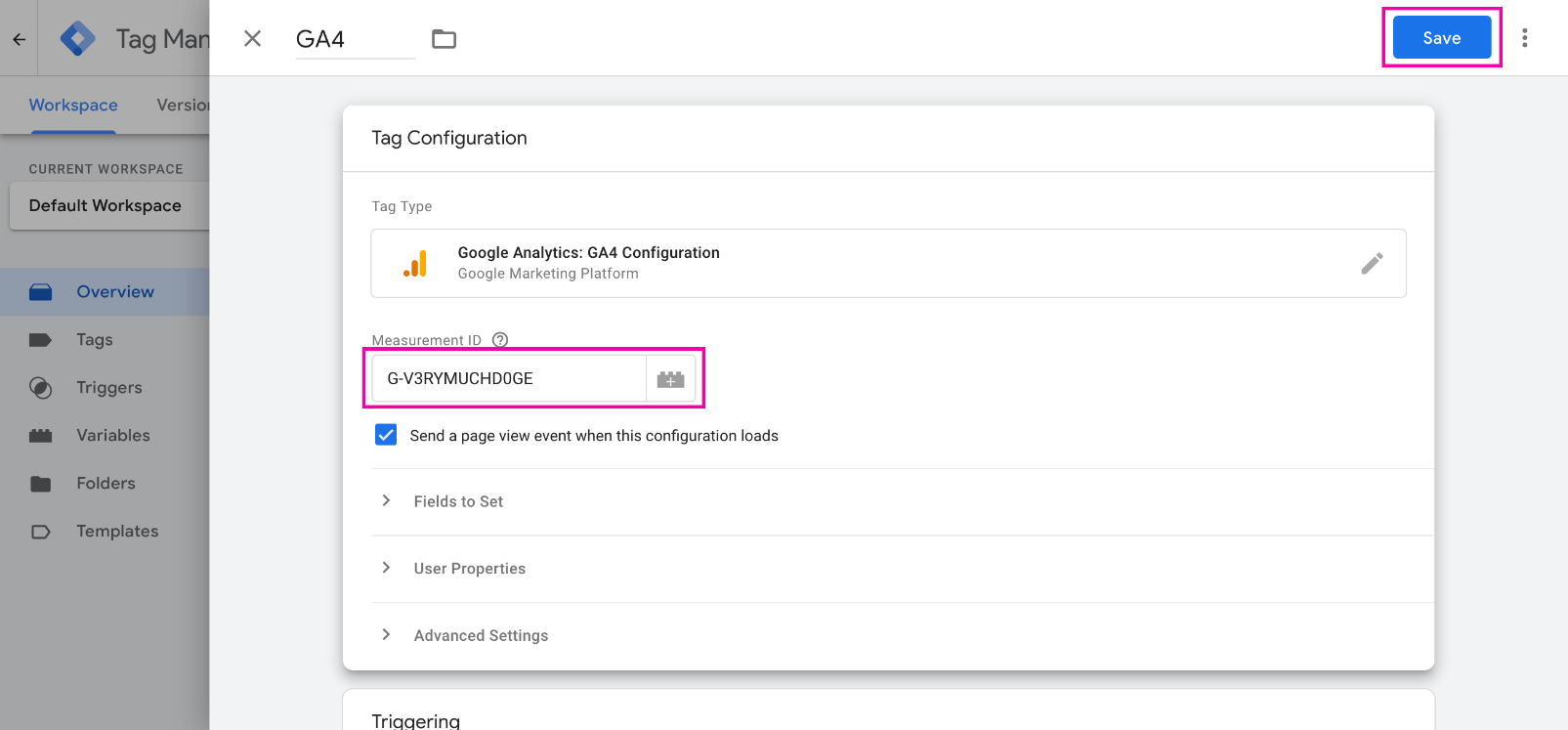 GTM dashboard screenshot: how set up the GA4 Configuration tag