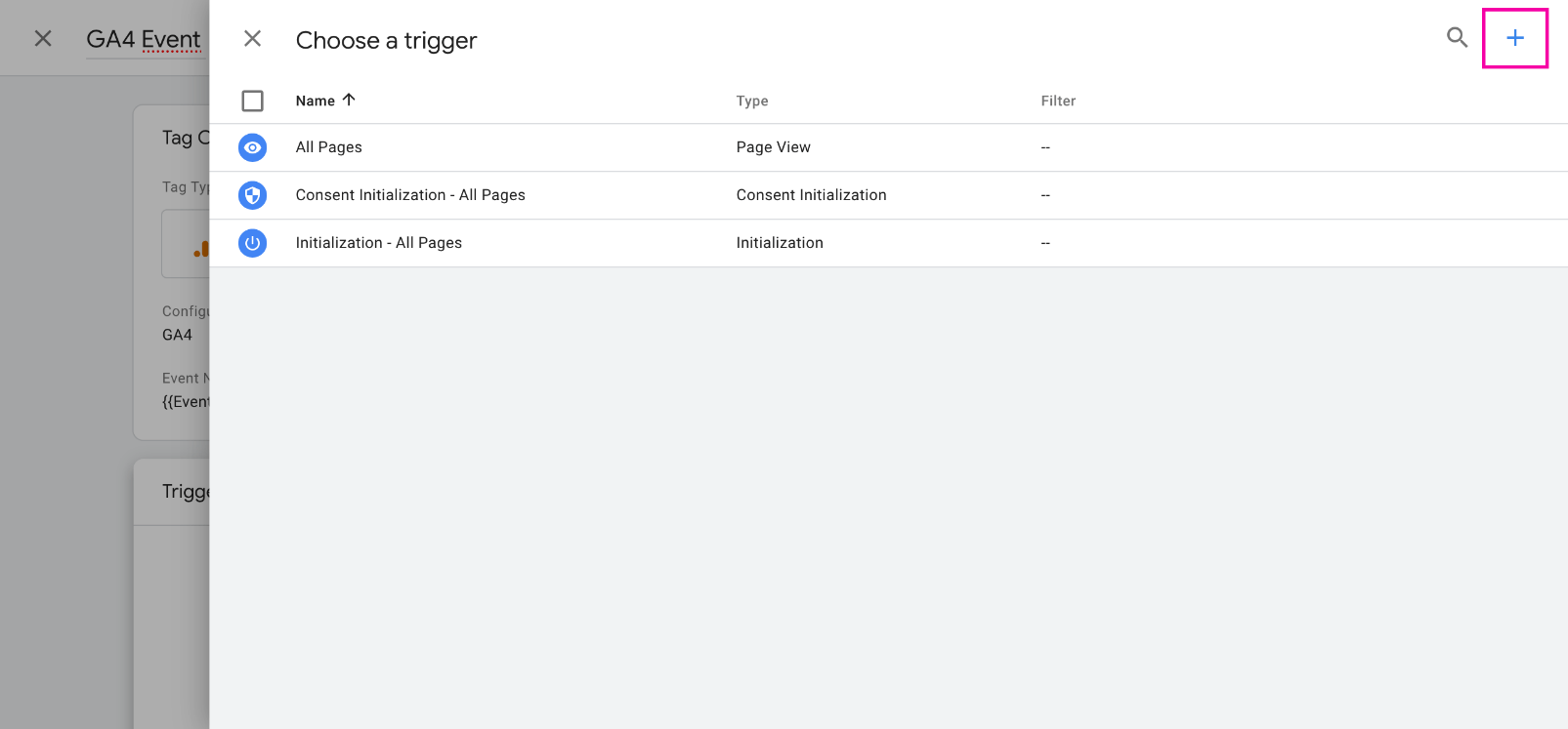 GTM dashboard screenshot: how create a GA4 Event trigger