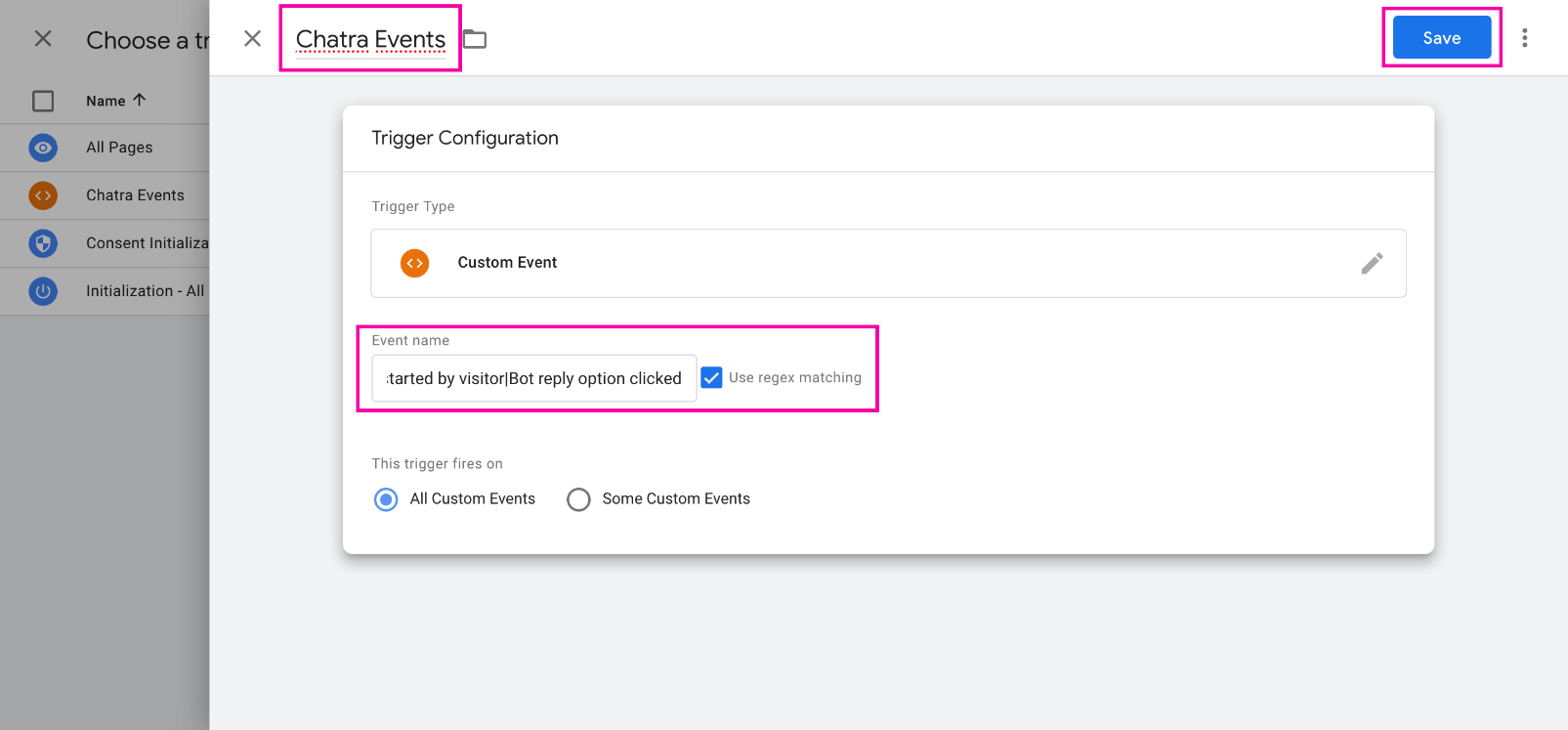 GTM dashboard screenshot: how create Chatra events trigger