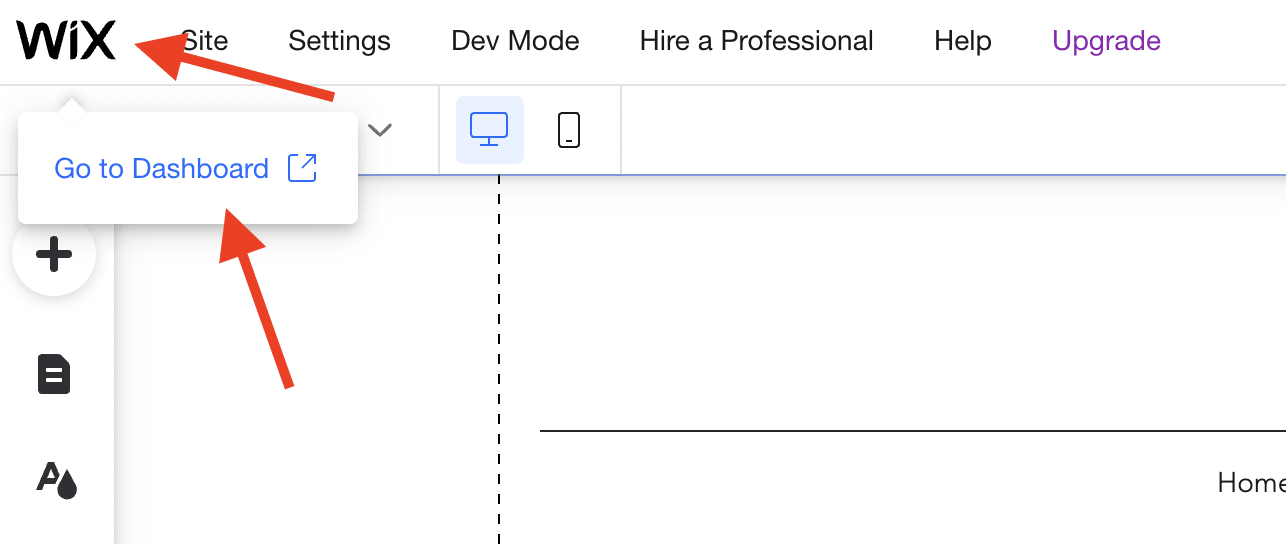 Wix site editor screenshot: 'Go to Dashboard' button